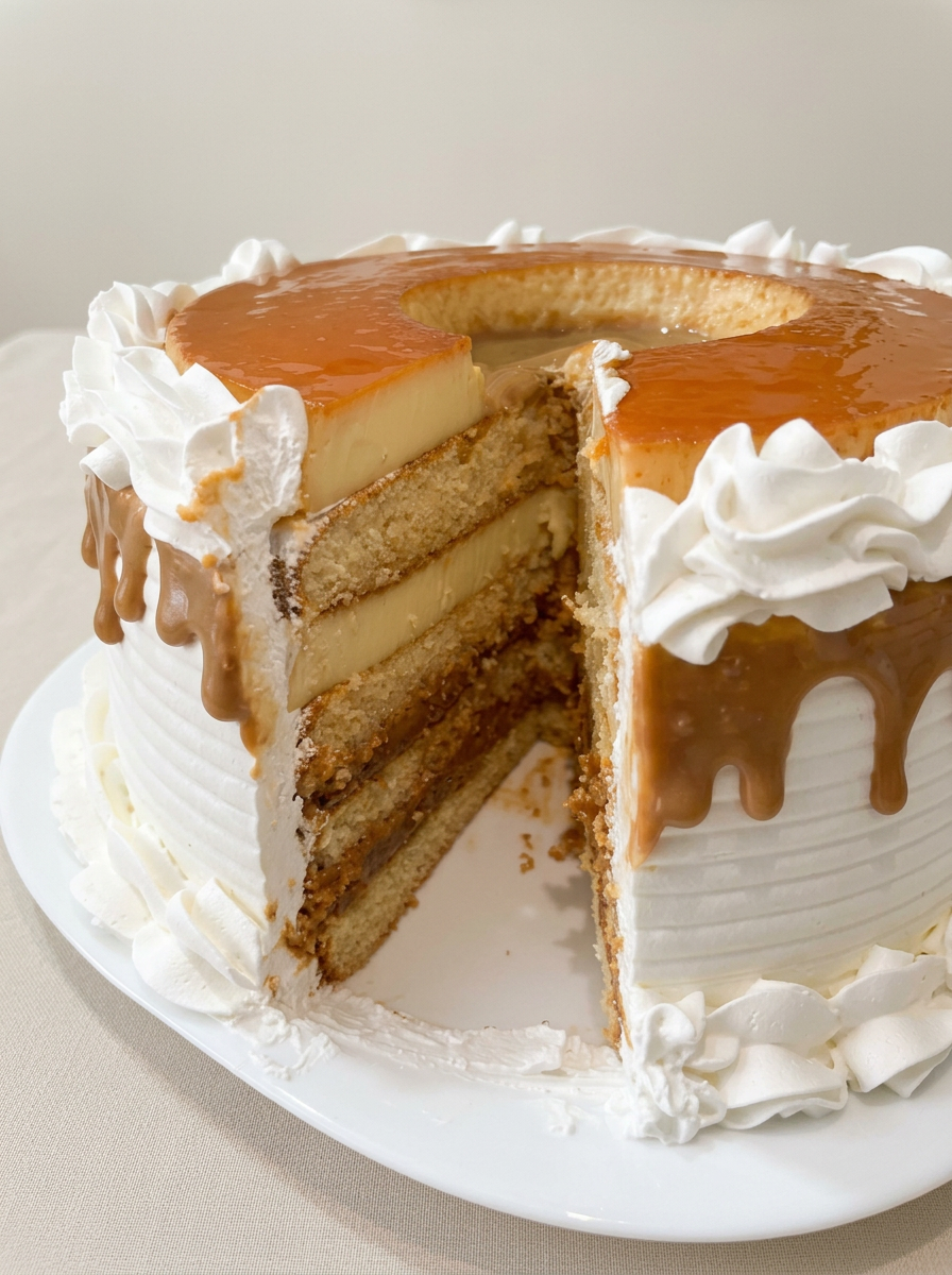 Bolo de pudim com dulce de leche fatiado
