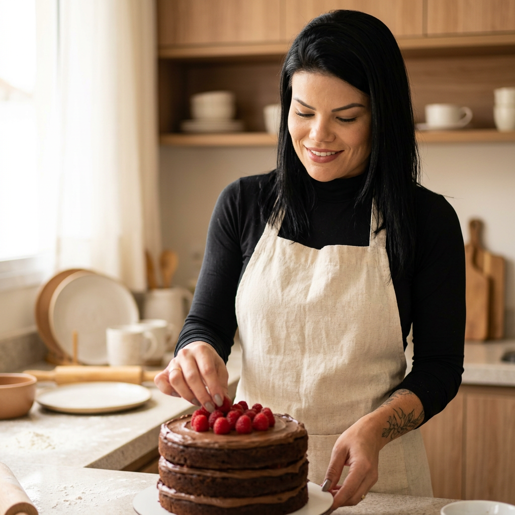 Gabis decorando um bolo na cozinha